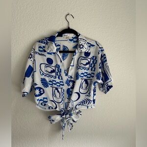 Amalfi Coast Vibes Blue & WhiteTie-Front Collar Crop shirt